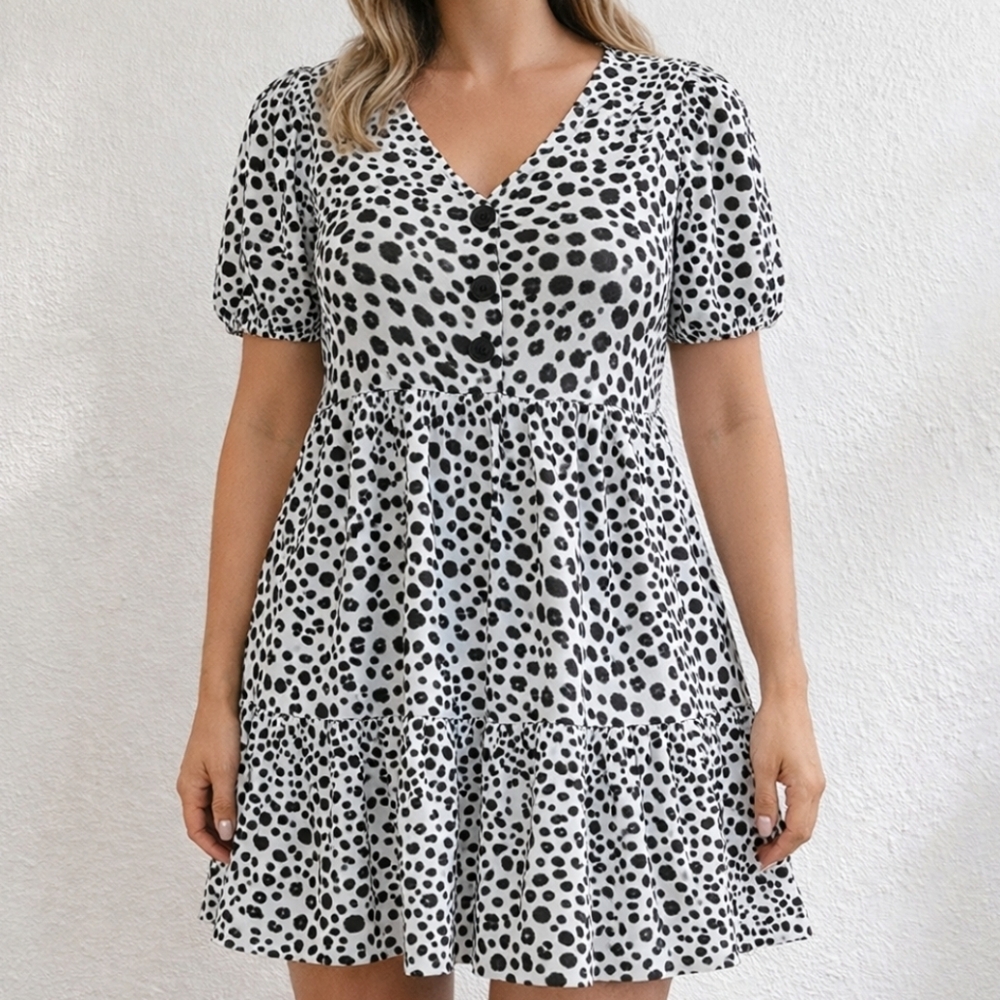 Dalmatian Print Button Front Ruffle Hem Smocked Dress - Medium